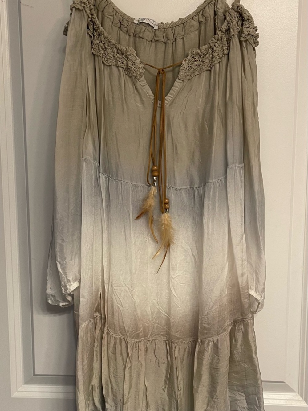Aquavita ambre silk Italian swim coverup beige  with suede feather tie